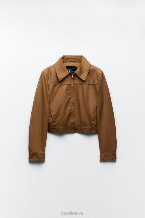 moterys Zara vaškuota medvilninė striukė rudas apranga 4N48888