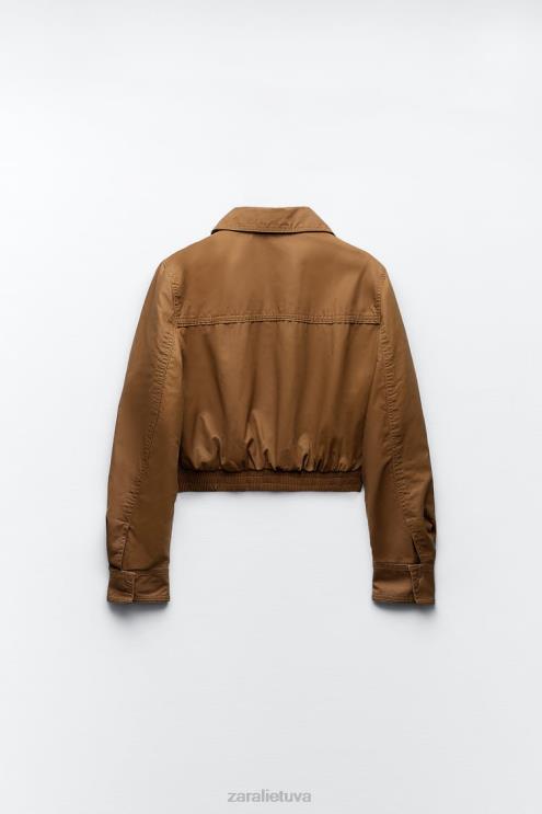 moterys Zara vaškuota medvilninė striukė rudas apranga 4N48888