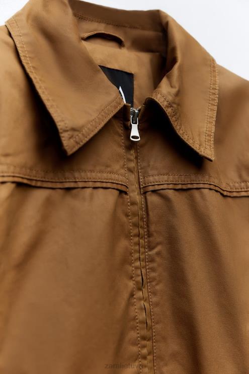 moterys Zara vaškuota medvilninė striukė rudas apranga 4N48888