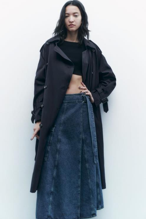 moterys Zara vandeniui atstumiantis negabaritinis paltas su diržu tamsiai mėlyna apranga 4N48817