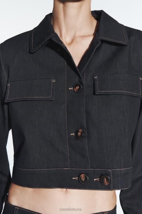 moterys Zara viršutine dygsniuota crop striukė indigo apranga 4N48886