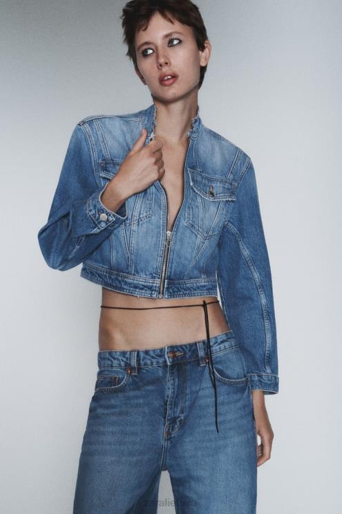 moterys Zara z1975 nutrintas trumpintas džinsinis švarkas vidurio mėlyna apranga 4N488124