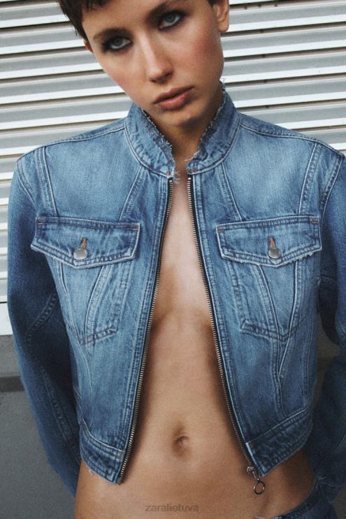 moterys Zara z1975 nutrintas trumpintas džinsinis švarkas vidurio mėlyna apranga 4N488124