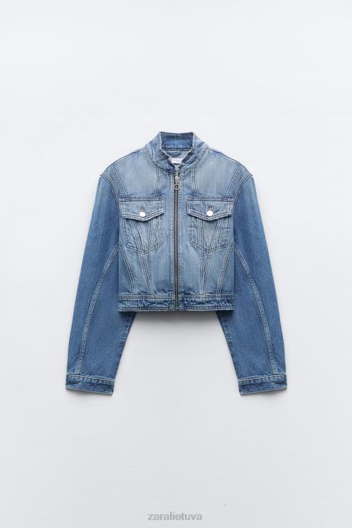 moterys Zara z1975 nutrintas trumpintas džinsinis švarkas vidurio mėlyna apranga 4N488124