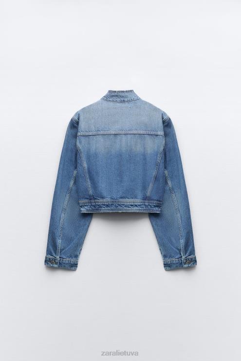 moterys Zara z1975 nutrintas trumpintas džinsinis švarkas vidurio mėlyna apranga 4N488124