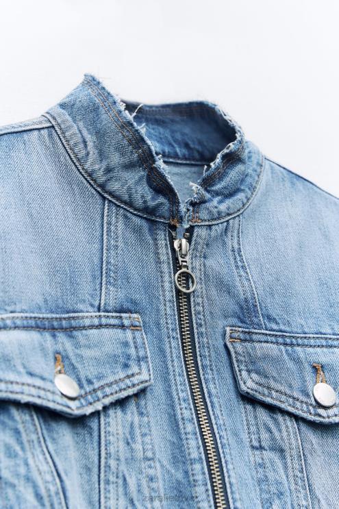 moterys Zara z1975 nutrintas trumpintas džinsinis švarkas vidurio mėlyna apranga 4N488124