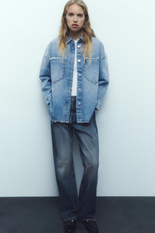 moterys Zara z1975 oversized džinsiniai marškinėliai vidurio mėlyna apranga 4N48869