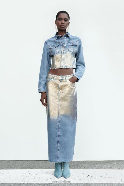 moterys Zara z1975 sutrumpintas metalinis džinsinis švarkas vidurio mėlyna apranga 4N48871