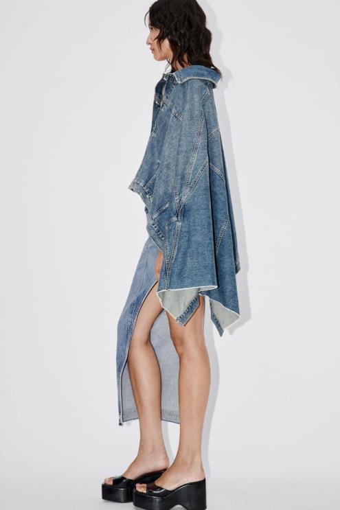 moterys Zara zw asimetrinis džinsinis apsiaustas vidurio mėlyna apranga 4N48876