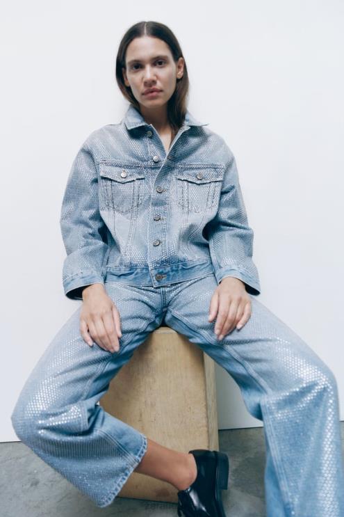 moterys Zara zw krištolinis džinsinis švarkas išblukęs mėlynas apranga 4N488126