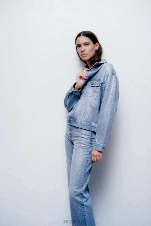 moterys Zara zw krištolinis džinsinis švarkas išblukęs mėlynas apranga 4N488126