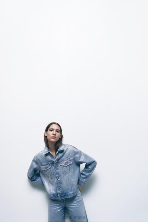 moterys Zara zw krištolinis džinsinis švarkas išblukęs mėlynas apranga 4N488126