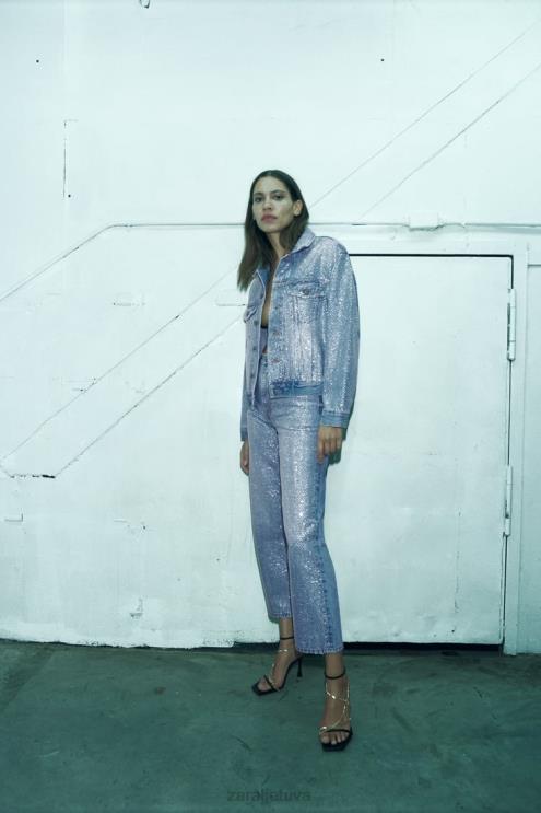 moterys Zara zw krištolinis džinsinis švarkas išblukęs mėlynas apranga 4N488126