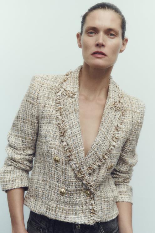 moterys Zara Dvigubos krūtinės tekstūros pynimo striukė įvairiaspalvis apranga 4N488162