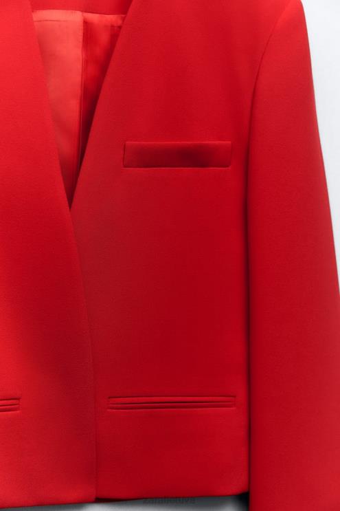 moterys Zara apkarpytas švarkas be apykaklės ryškiai raudona apranga 4N488182