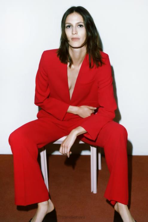 moterys Zara apkarpytas švarkas be apykaklės ryškiai raudona apranga 4N488182