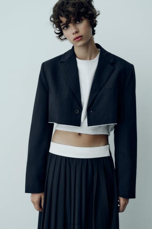 moterys Zara dryžuotas crop bomber švarkas mėlyna apranga 4N488143