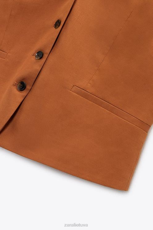 moterys Zara karpytos lino mišinio liemenė oranžinė apranga 4N488179