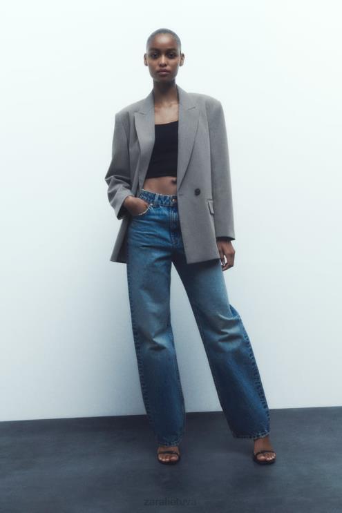 moterys Zara negabaritinė striukė su dviguba krūtine pilkas marlas apranga 4N488156