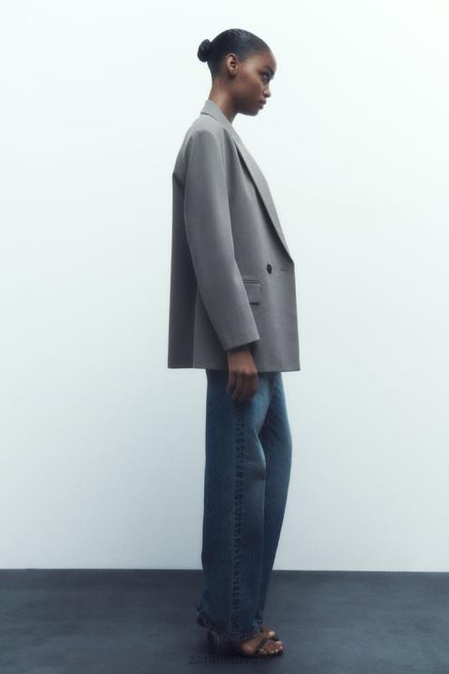 moterys Zara negabaritinė striukė su dviguba krūtine pilkas marlas apranga 4N488156