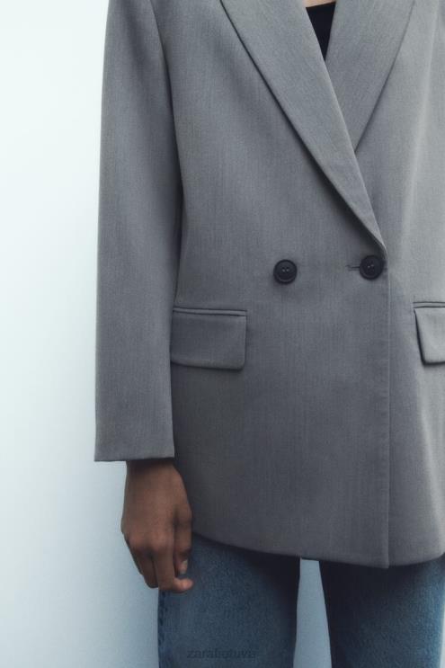 moterys Zara negabaritinė striukė su dviguba krūtine pilkas marlas apranga 4N488156