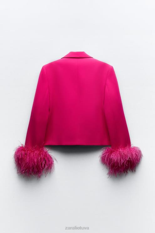 moterys Zara trumpas plunksnų švarkas neoninė fuksija apranga 4N488166