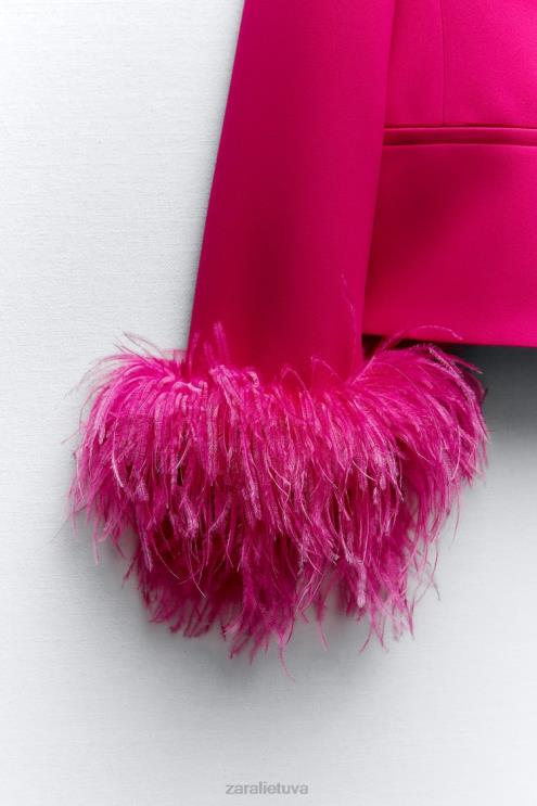 moterys Zara trumpas plunksnų švarkas neoninė fuksija apranga 4N488166
