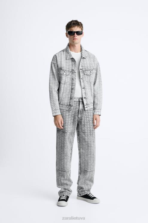 vyrų Zara geometriniai žakardo džinsai pilka apranga 4N4881089