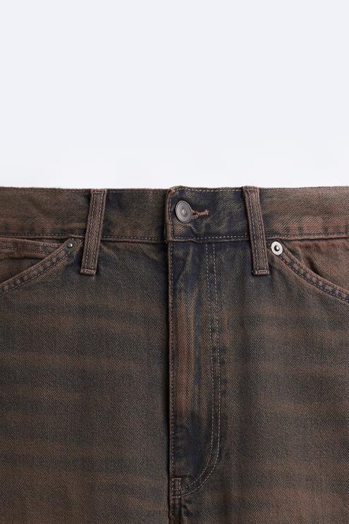 vyrų Zara tiesiai prigludę perdažyti džinsai tamsiai rudas apranga 4N488957