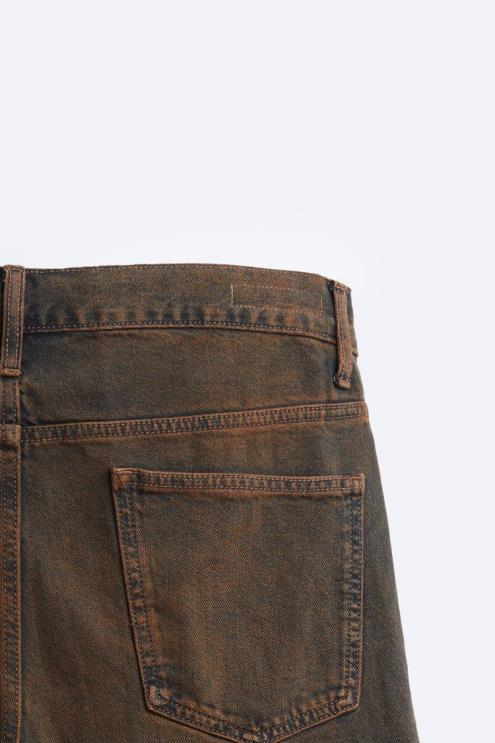 vyrų Zara tiesiai prigludę perdažyti džinsai tamsiai rudas apranga 4N488957
