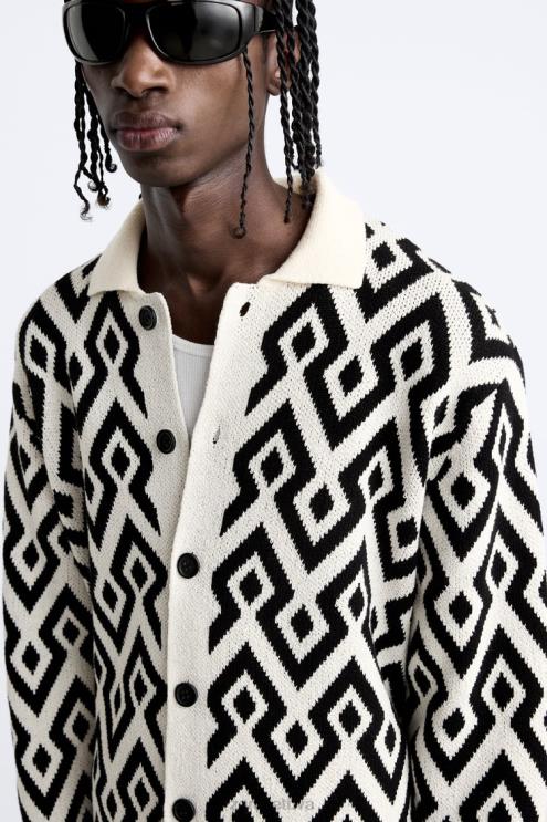 vyrų Zara geometrinis žakardo megztas megztinis ekru apranga 4N4881046