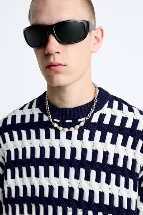 vyrų Zara tekstūruotas žakardo megztinis tamsiai mėlyna apranga 4N4881028