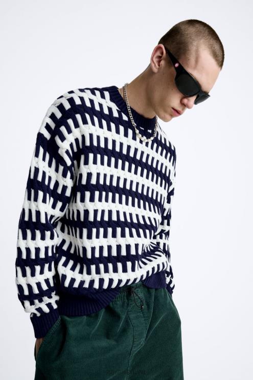 vyrų Zara tekstūruotas žakardo megztinis tamsiai mėlyna apranga 4N4881028