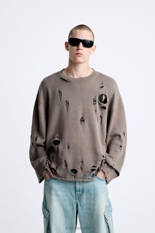 vyrų Zara tekstūruotas plėšytas megztinis akmuo apranga 4N4881029