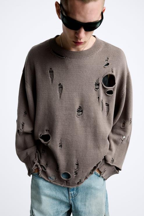 vyrų Zara tekstūruotas plėšytas megztinis akmuo apranga 4N4881029