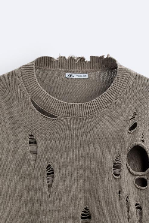 vyrų Zara tekstūruotas plėšytas megztinis akmuo apranga 4N4881029