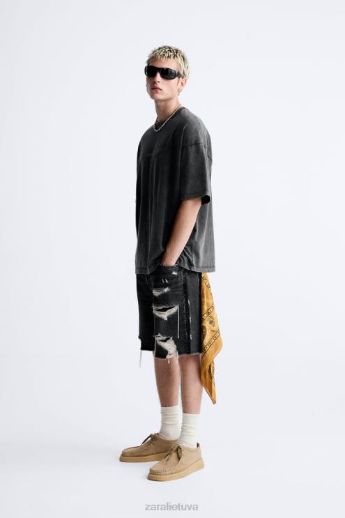 vyrų Zara rūgštinio plovimo teksto marškinėliai išblukęs juodas apranga 4N4881214