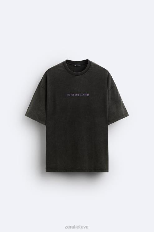 vyrų Zara rūgštinio plovimo teksto marškinėliai išblukęs juodas apranga 4N4881214