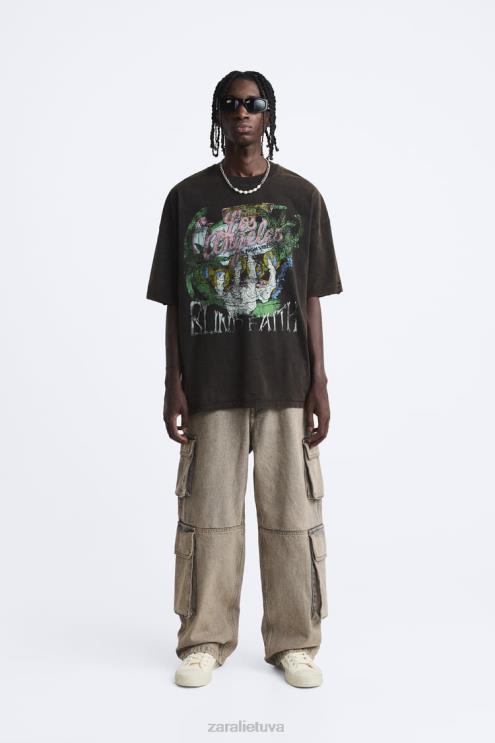 vyrų Zara skalbti marginti marškinėliai rudas apranga 4N4881206