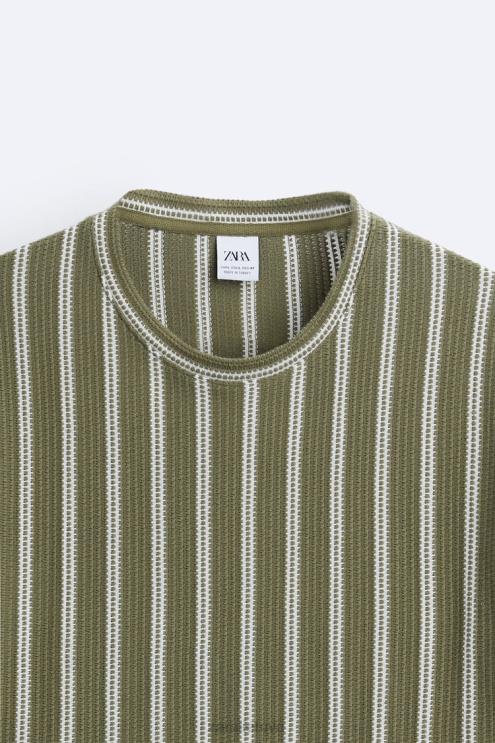 vyrų Zara tekstūruoti dryžuoti marškinėliai chaki apranga 4N4881193