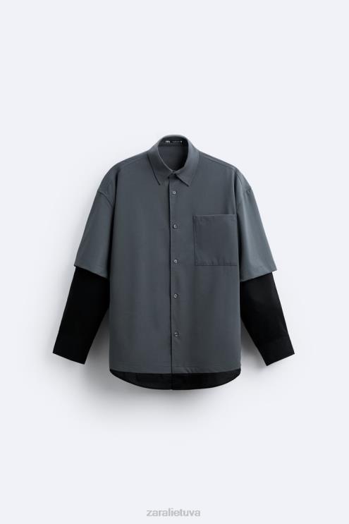 vyrų Zara marškiniai daugiasluoksnėmis rankovėmis antracito pilka apranga 4N488974