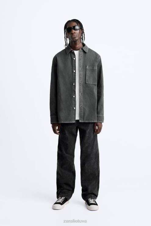 vyrų Zara marškiniai su kontrastingomis viršutinėmis siūlėmis tamsiai pilka apranga 4N488976
