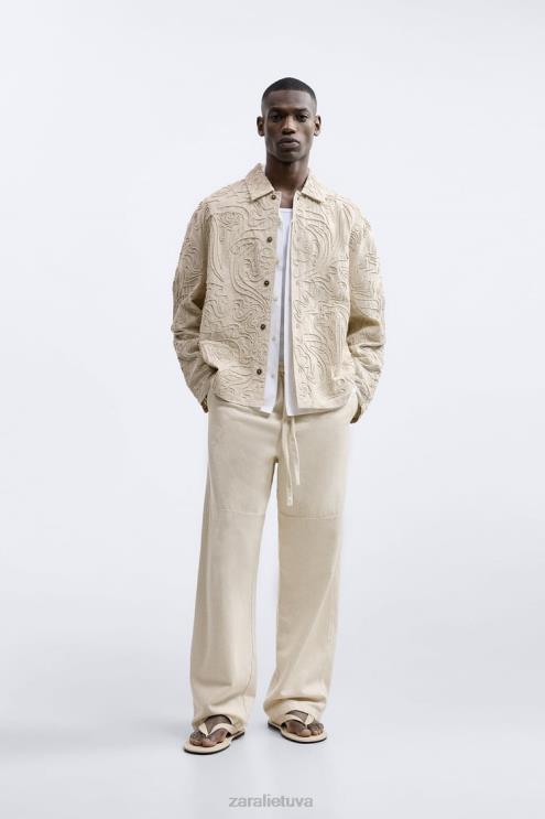 vyrų Zara paaukštinti siuvinėti marškinėliai smėlio spalvos apranga 4N4881176