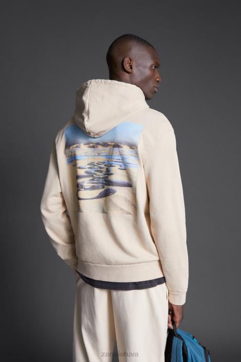 vyrų Zara Hathanan rašto megztinis su gobtuvu ekru apranga 4N4881077