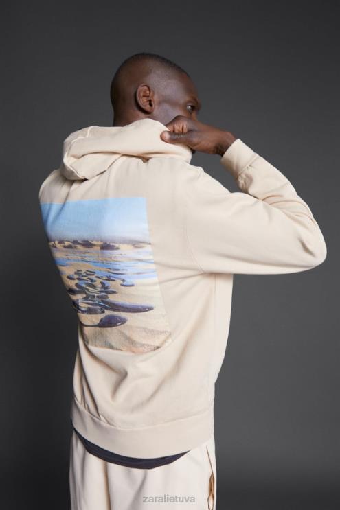 vyrų Zara Hathanan rašto megztinis su gobtuvu ekru apranga 4N4881077