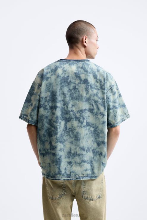vyrų Zara abstrakčios spaudos džinsiniai marškinėliai akvamarinas apranga 4N4881064