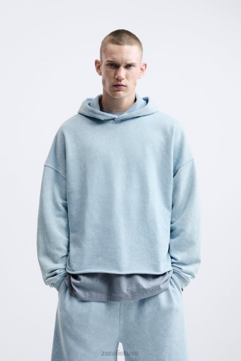 vyrų Zara skalbtas megztinis su gobtuvu mėlyna/balta apranga 4N4881054