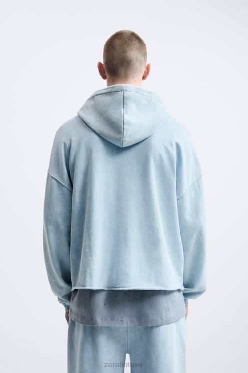 vyrų Zara skalbtas megztinis su gobtuvu mėlyna/balta apranga 4N4881054