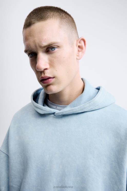 vyrų Zara skalbtas megztinis su gobtuvu mėlyna/balta apranga 4N4881054