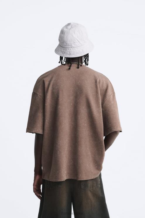 vyrų Zara skalbtas megztinis su tekstu spauda rudas apranga 4N4881056